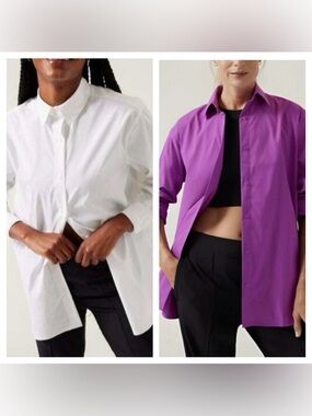 BUNDLE OF 2 ATHLETA PERFORMANCE OVERSIZED POPLIN TOP IN JAZZY PURPLE/ WHITE SzM
